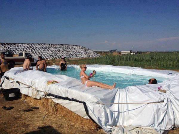 hay bales swimming pool