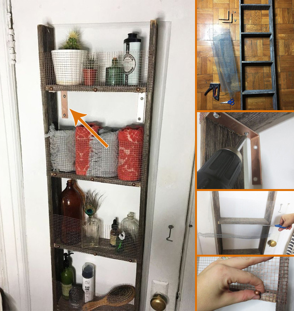 Mount an old ladder behind the bathroom door to create extra storage