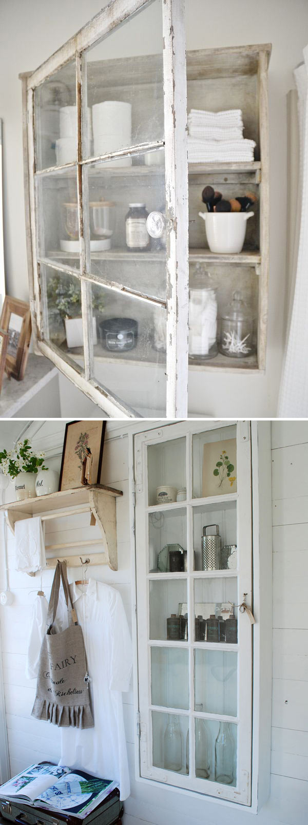 Re-purpose an old window and some boards to build a DIY bathroom cabinet