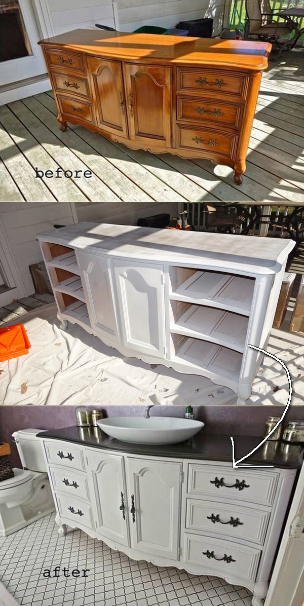 Old Dresser Got a New Life As a Bathroom Vanity Painted in White And Black