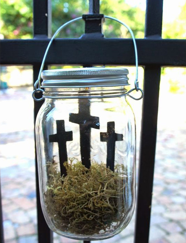 Easter cross in a hanging mason jar