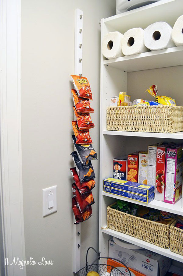 DIY Pantry chip rack made with curtain clips