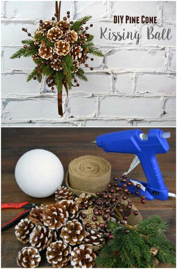 Stick Pinecones onto a Foam Ball To Make a Kissing Ball